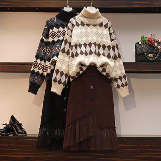 Turtleneck Argyle Print Sweater / Asymmetric Paneled Midi A-line Skirt / Set