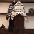 Turtleneck Argyle Print Sweater / Asymmetric Paneled Midi A-line Skirt / Set