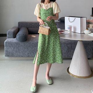 Puff-sleeve Plain Blouse + Spaghetti-strap Floral Side-slit Dress