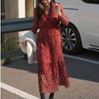 Long-sleeve Floral Print Midi Dress Red - One Size