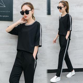 Set: Stripe Elbow-sleeve Top + Sweatpants