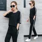 Set: Stripe Elbow-sleeve Top + Sweatpants