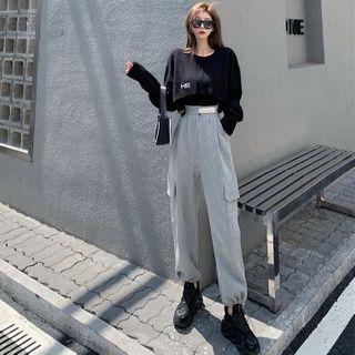 Loose-fit Embroidered Crop Knit Top / Drawstring-hem Cargo Harem Pants