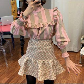 Stand Collar Striped Blouse As Shown In Figure - One Size
