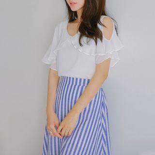 Cutout-shoulder Short-sleeve Ruffled Top