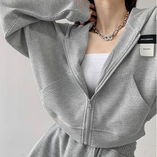 Applique Cropped Zip-up Hoodie