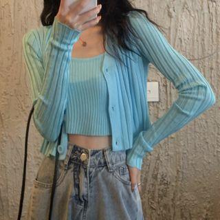 Set: Cropped Rib Knit Camisole Top + Cardigan