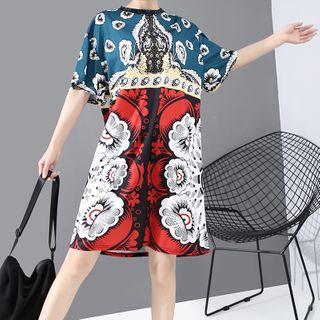 Short-sleeve Floral Print A-line Dress Blue & Red - One Size