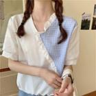 Short-sleeve Paneled Blouse V Neck - White & Blue - One Size