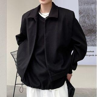 Set: Long-sleeve V-neck Plain Sweatshirt + Open Front Vest