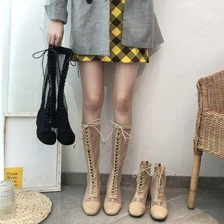 Fishnet Paneled Block Heel Boots