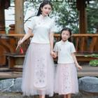 Family Matching Flower Embroidered Short-sleeve Hanfu Top / Mesh Midi A-line Skirt