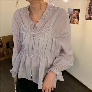 Flared-cuff Shirred Blouse