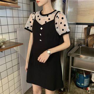 Mock Two-piece Short-sleeve Mini A-line Dress Black - One Size