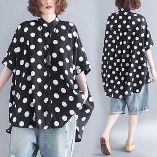Dotted Shorts-sleeve Blouse Black - One Size