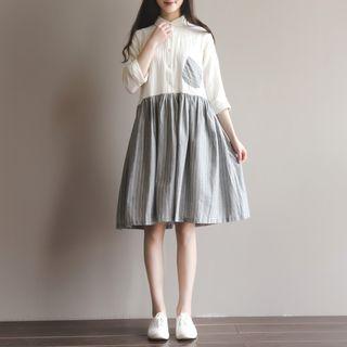 Striped-panel Collared Dress