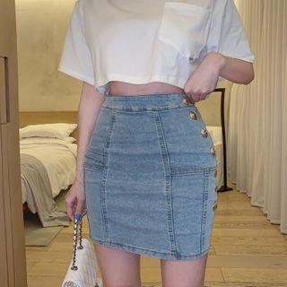 Elbow-sleeve Cropped T-shirt / Mini Denim Pencil Skirt