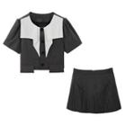 Set: Short-sleeve Lapel Color Block Shirt + High-waist A-line Accordion Pleat Mini Skirt