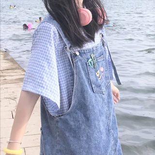 Cartoon Embroidered Denim Overall Dress