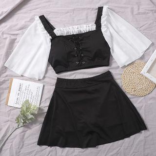 Set: Short-sleeve Panel Swim Top + Skirt