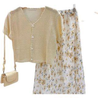 Set: Short-sleeve Cardigan + Floral Print Midi A-line Dress