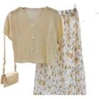 Set: Short-sleeve Cardigan + Floral Print Midi A-line Dress