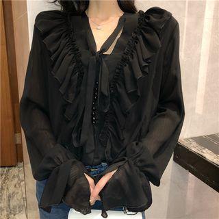 Long-sleeve Ruffle Trim Blouse Black - One Size