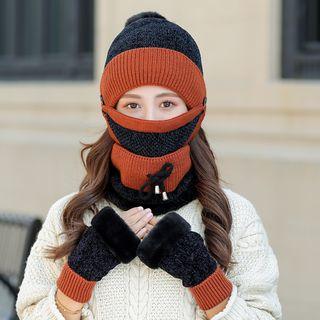 Set: Bobble Knit Beanie + Face Mask + Scarf + Fingerless Gloves