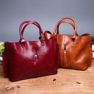 Set: Faux Leather Carryall Bag + Pouch