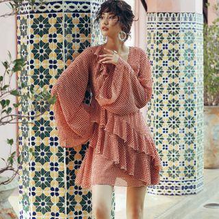 Houndstooth Long-sleeve Mini A-line Dress
