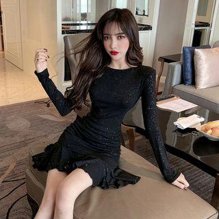 Glitter Ruffle Hem Long-sleeve T-shirt Dress