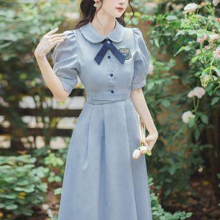 Puff-sleeve Collar Ribbon Midi A-line Dress
