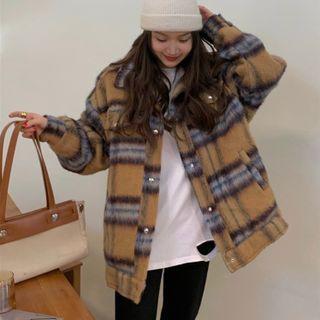 Plaid Button-up Jacket Khaki - One Size