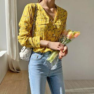 Floral Print Faux-pearl Buttoned Blouse