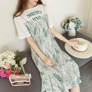 Mock Two-piece Short-sleeve Print Midi Shift Dress