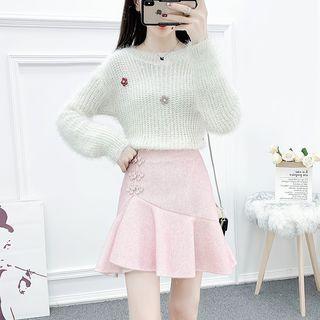 Set: Floral Applique Furry Sweater + Frog Buttoned A-line Skirt