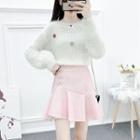 Set: Floral Applique Furry Sweater + Frog Buttoned A-line Skirt