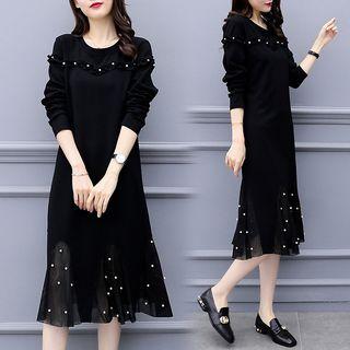 Long-sleeve Embellished Midi A-line Dress