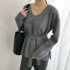 V-neck Wool Blend Sweater With Sash