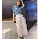 Set: Short-sleeve Denim Short + Maxi Layered Skirt As Shown In Figure - One Size