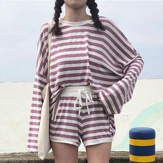 Set: Striped Long-sleeve T-shirt + Drawstring Shorts