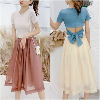 Set: Tie Back Short-sleeve T-shirt + Midi A-line Skirt