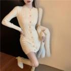 Button-up Cable Knit Mini Sheath Dress Almond - One Size