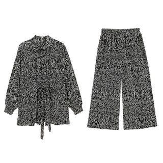 Set: Zebra Print Shirt + Wide Leg Pants Set Of 2 - Shirt & Pants - Zebra - Black - One Size
