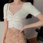 Sweetheart Neckline Puff-sleeve Cropped Knit Top / Floral Print Midi A-line Skirt