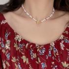 Freshwater Pearl Necklace 1pc - Gold & White & Red - One Size