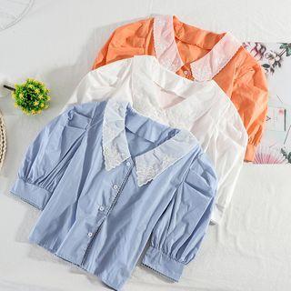 Collared Puff-sleeve Cropped Blouse