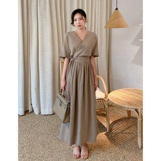 Dolman-sleeve Shirred Maxi Wrap Dress