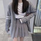 Mini A-line Pleated Skirt / Contrast Trim Cardigan / Set
