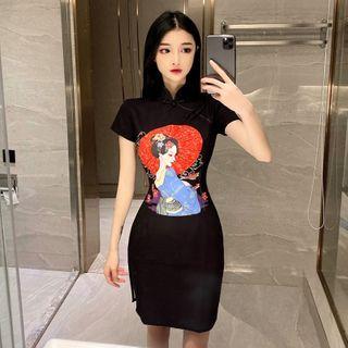 Short-sleeve Cartoon Print Mini Qipao